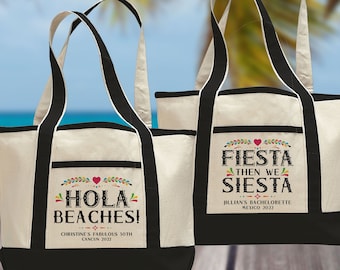 Hola Beaches Custom Canvas Beach Tote, Bag Mexico Vacation