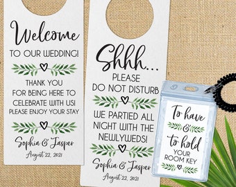Destination Wedding Welcome Gifts for Guests - Hotel Room Key Card Holders - Personalized Door Hangers - Custom Greenery Wedding Favors Bulk