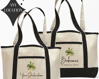 Palm Tree Bahamas Beach Bag, Custom Canvas Beach Tote Bag, Bahama Wedding Welcome Bags, Personalized Tropical Totes for Caribbean Vacation