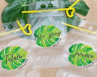 Tropical Party Favors - Personalized Drink Pouches - Island Trip Palm Leaf Plastic Booze Bags - Pool Party Supplies - Beach Bachelorette