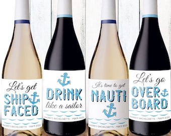 Nautical Party Decor - Custom Wine Labels - Boat & Ship Decorations for Nauti Bachelorette, Yacht Party - Personalized Wine Bottle Stickers