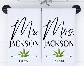 Stoner Wedding Gift, Marijuana Leaf Print Hand Towels for Newlywed Couple, His and Hers Towels, Cannabis Weed Leaf Decor, Mr. and Mrs. Gift