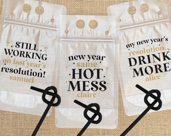 New Years Eve Party Favors - Adult Juice Pouches - Funny New Years 2025 Gifts - Zip Top Wine Bags for NYE - Custom Drink Pouches with Names