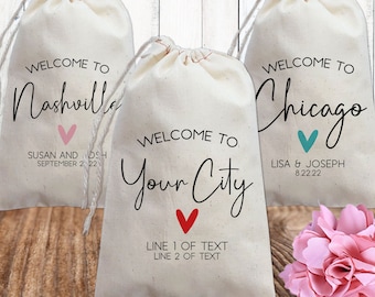 Wedding Favor Bags - Destination Wedding Favors for Guests with Any City or Location - Custom Wedding Welcome Gift Bags - Bulk Canvas Bags