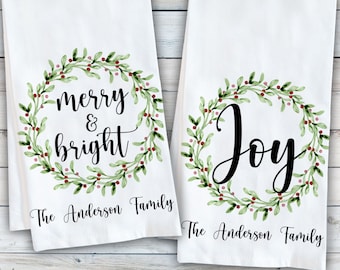 Christmas Tea Towels - Merry & Bright Floral Christmas Dish Towel - Holiday Gift for Cook - Personalized Modern Christmas Decor for Kitchen