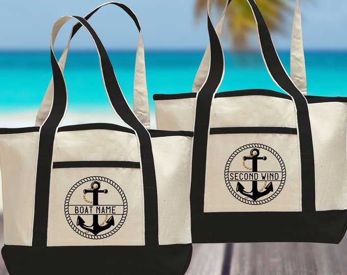 Boat Name Tote Bag - Boat Owner Gifts for Men + Women - Personalized Nautical Beach Bag - Sailing Gift - Anchor Print Large Heavy Canvas Bag