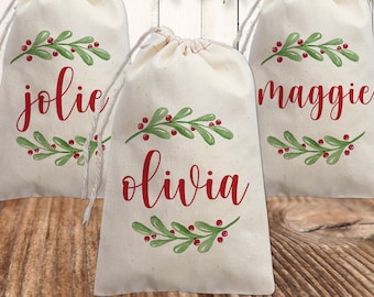 Personalized Gift Bags for Christmas - Canvas Bulk Holiday Party Favor Bags for Kids + Adults - Drawstring Christmas Bags for Gift Wrapping