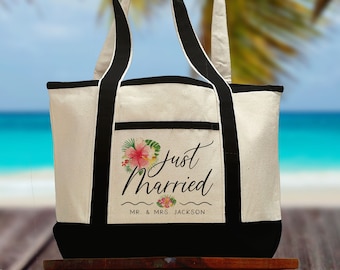 Custom Honeymoon Gift - Honeymoon Beach Bag, Custom Beach Towels + Mr and Mrs Luggage Tags - Tropical Floral Beach Bag - Newlywed Gift Ideas