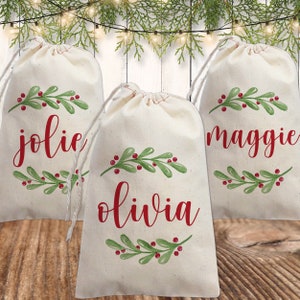 Personalized Gift Bags for Christmas - Canvas Bulk Holiday Party Favor Bags for Kids + Adults - Drawstring Christmas Bags for Gift Wrapping