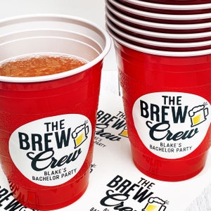 Bachelor Party Cup Decorations - Adult Party Supplies - Men's Birthday Beer Tasting, Brew Crew Cup Stickers, Custom Waterproof Favor Labels