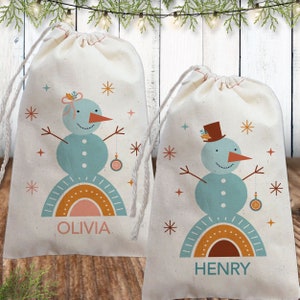 Christmas Gift Bags for Kids - Snowman Holiday Bags with Names - Childrens Christmas Party Favor Bags - Small Custom Drawstring Canvas Bags