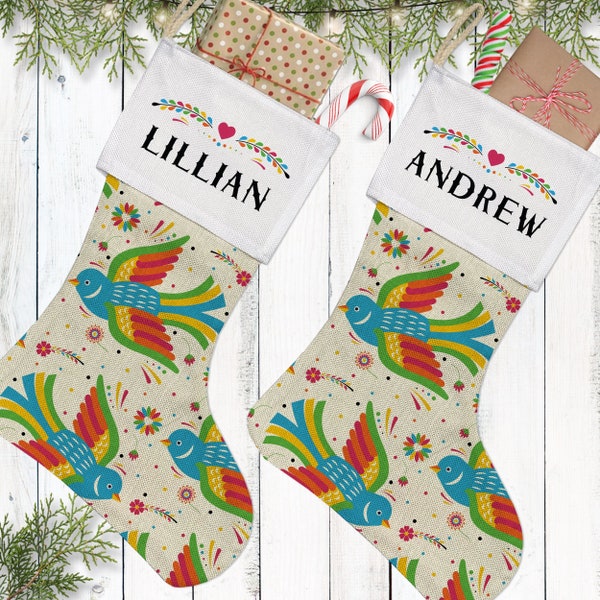 Personalized Stocking with Mexican Folk Art Birds, Unique Christmas Stocking for Adults, Custom Stocking with Name, Christmas in Mexico Gift