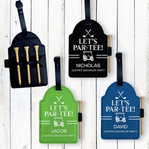 Custom Golf Bag Tags with 3 Wood Golf Tees, Bachelor Party Favor, Let's Par-Tee Golf, Guys Trip Birthday Party Favors