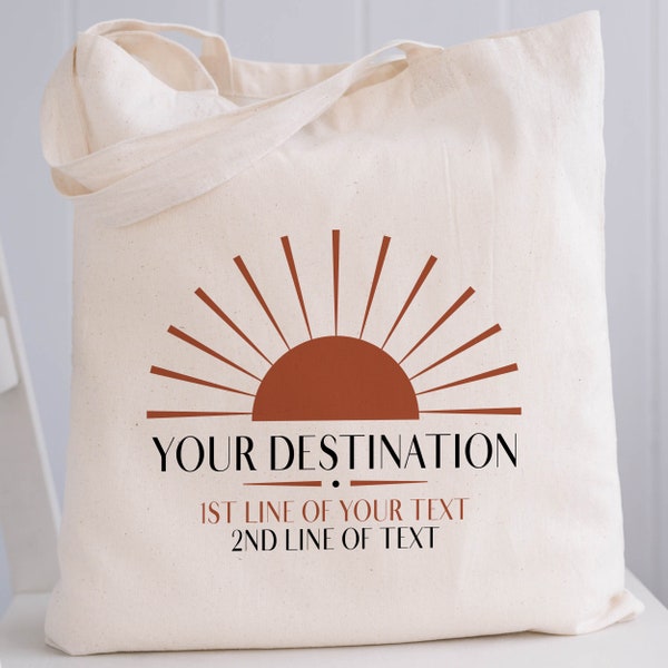Beach Destination Welcome Bags, Custom Wedding Tote Bags with Modern Sun Print, Personalized Custom Handle for YOUR CITY or Location