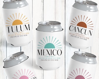 Mexico Can Cooler with Sun Design, Custom Can Coolers for Beach Vacation, Mexico Birthday Trip Favors, Gifts for Girls Cruise to Mexico