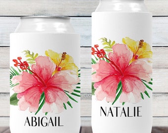 Tropical Can Coolers - Hawaii Bachelorette Party Favors - Beach Bachelorette Gifts - Custom Can Cozies with Names - Pink Hibiscus Flower