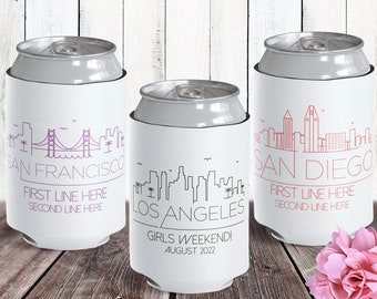 Destination Wedding Favors - Custom Can Coolers - Bulk Wedding Can Cozies with Modern City Skyline (70+ Designs!) - Adult Party Favors