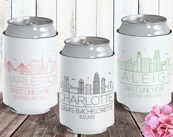 Charleston Bachelorette Party Favors - Custom Can Coolers - Raleigh Wedding - Charlotte Skyline - Adult Birthday Favors - Bulk Can Cozies