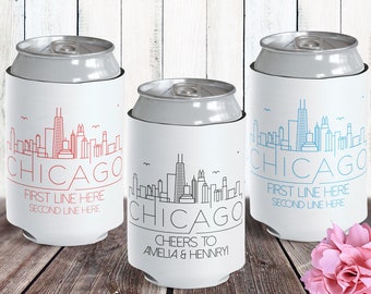 Chicago Wedding Favors - Custom Can Cozies - Chicago Bachelorette Party Favors - Chicago Girls Trip Gifts - Chicago Skyline Can Coolers Bulk