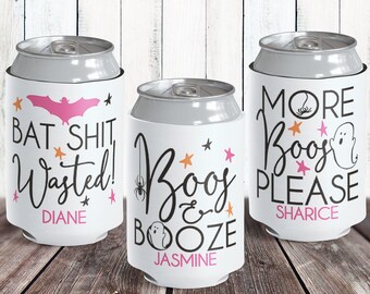 Personalized Halloween Can Coolers - Spooky Bachelorette Party Favors + Decorations - Adult Halloween Party Supplies