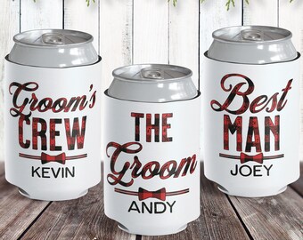 Groomsmen Can Cozies - Custom Can Coolers for Groom's Crew - Plaid Bachelor Party Huggers with Names - Groomsman Gifts for Camping Wedding
