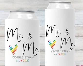 Gay Wedding Favors - Custom Can Coolers with Rainbow Heart - Personalized Can Cozy with Names for Same Sex Committment Ceremony + Reception