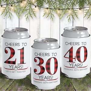 Adult Birthday Favors - Custom Plaid Can Cozies - Cheers to the Years Anniversary Can Coolers Bulk - Plaid Party Supplies & Favors