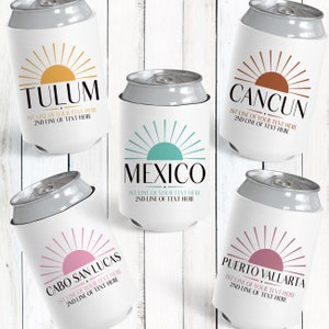 Mexico Can Cooler with Sun Design, Custom Can Coolers for Beach Vacation, Mexico Birthday Trip Favors, Gifts for Girls Cruise to Mexico