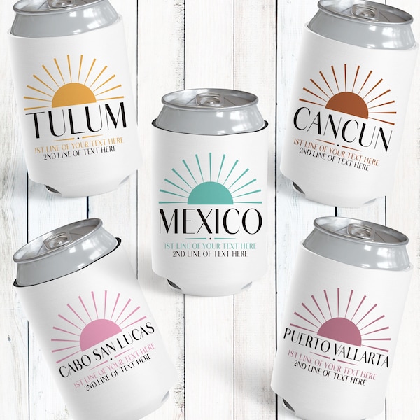 Mexico Can Cooler with Sun Design, Custom Can Coolers for Beach Vacation, Mexico Birthday Trip Favors, Gifts for Girls Cruise to Mexico