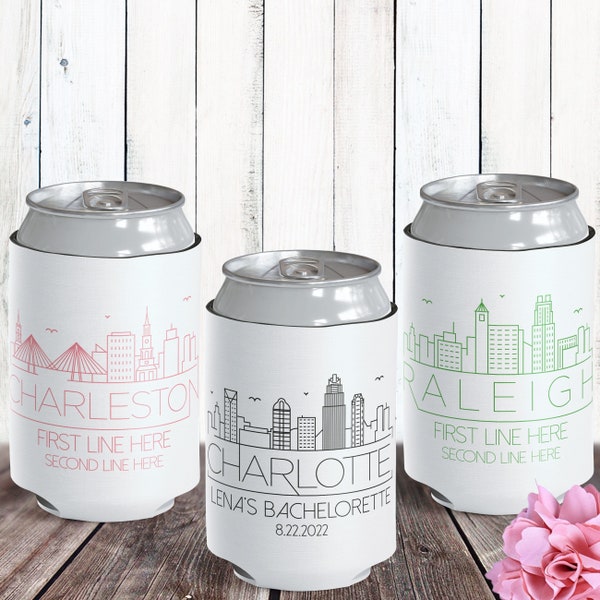 Charleston Bachelorette Party Favors - Custom Can Coolers - Raleigh Wedding - Charlotte Skyline - Adult Birthday Favors - Bulk Can Cozies