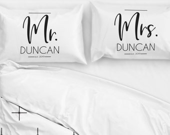 Mr. & Mrs. Pillowcases - Personalized Wedding Gift with Couples Names and Date - Est. 2024 Custom  Bride + Groom Gift for Engagement Party