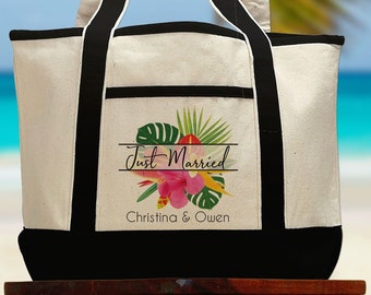 Tropical Beach Honeymoon Tote, Wedding Gift for Couple, Newlywed Gift Tote Bag Personalized