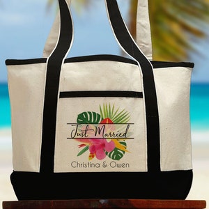 Tropical Beach Honeymoon Tote, Wedding Gift for Couple, Newlywed Gift Tote Bag Personalized