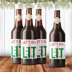Christmas Beer Labels + 6 Pack Carrier - Holiday Beer Gift - Lets Get Lit Personalized Beer Stickers Set - Custom Beer Bottle Decals + Case