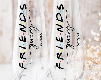 Friends-Giving Shatterproof Stemless Champagne Flute with Custom Name | Fun Friendsgiving Dinner or Thanksgiving Guest Gift
