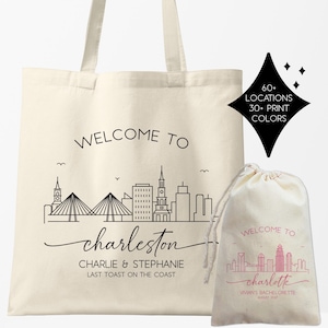 Charleston Wedding Welcome Tote Bags | Charleston Bachelorette Gift Bags | Charlotte Skyline Tote