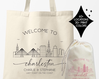 Charleston Wedding Welcome Tote Bags | Charleston Bachelorette Gift Bags | Charlotte Skyline Tote