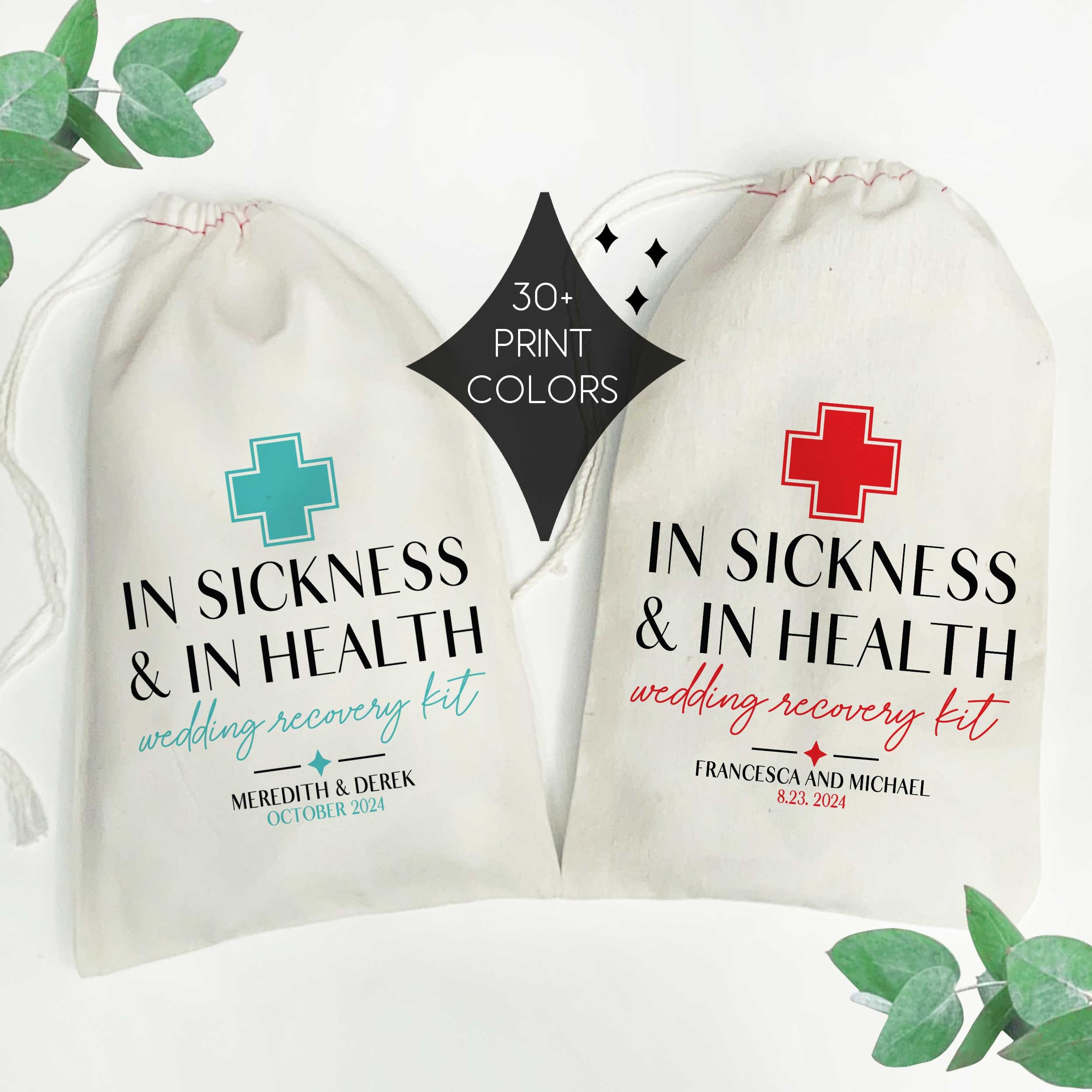 In Sickness and In Health Wedding Recovery Kit Bags - Custom Wedding Favor Bags - Wedding Hangover Kits - Drawstring Wedding Survival Kits