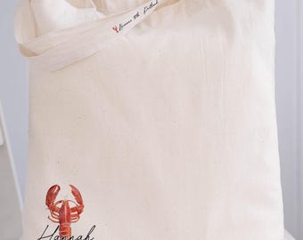 Custom Lobster Tote Bags with Name and Location | Personalized Bags for Coastal Bachelorette Party | Canvas Tote Handle Bag with Lobster