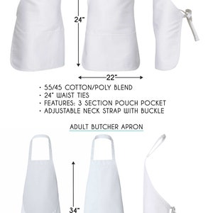 May include: Two white butcher aprons with adjustable neck straps and waist ties. The apron on the left is 34 inches long and 28 inches wide. The apron on the right is 24 inches long and 22 inches wide. Both aprons have a three-section pouch pocket.