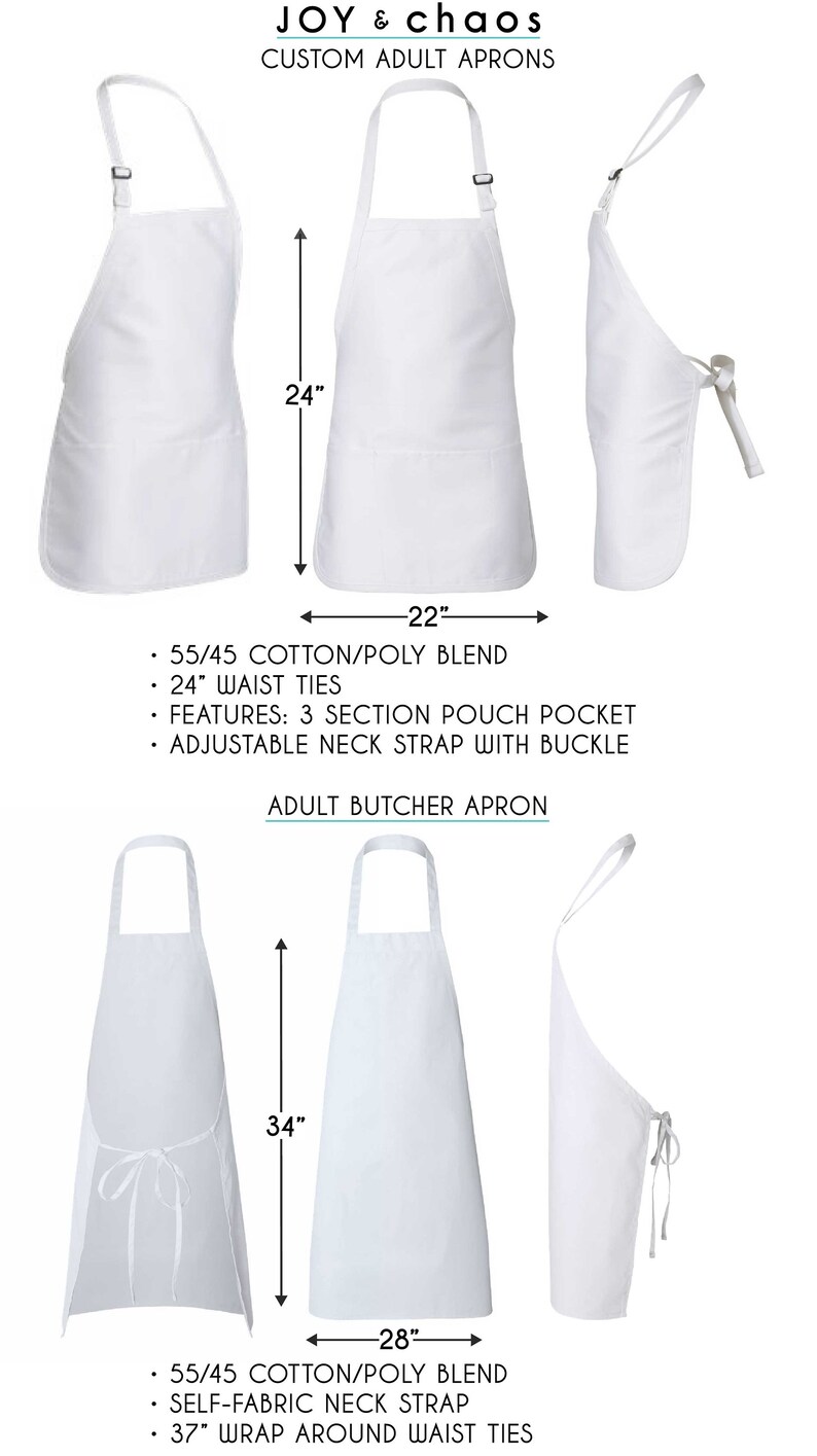 May include: Two white butcher aprons with adjustable neck straps and waist ties. The apron on the left is 34 inches long and 28 inches wide. The apron on the right is 24 inches long and 22 inches wide. Both aprons have a three-section pouch pocket.