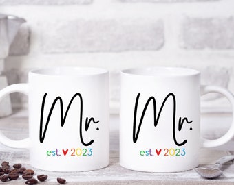Same Sex Wedding Gift -Mr. and Mr. Mugs - His and His Mug Set - Anniversary Gift for Husband - Gay Couple Rainbow Heart Mugs - Est. 2024