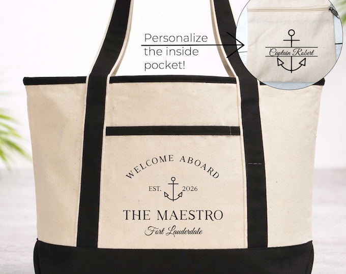 Boat Name Canvas Tote Bag Personalized | Welcome Aboard Anchor Tote | Nautical Gift For Boat Owner