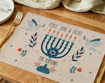 Sets de table personnalisés Peace Love Light pour Hanoucca | Décoration de table personnalisée Boho Holiday Menorah