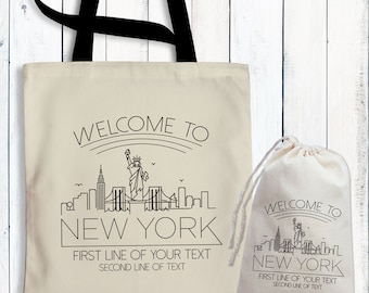 New York Tote Bags - Welcome to New York Bags - NYC Skyline Gift Bags - Custom Conference Totes - New York Wedding Hotel Room Canvas Totes