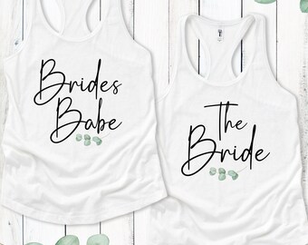 Bridesmaid Tank Tops, Script Bride Shirt, Eucalyptus Bridal Shower Gifts for Bridal Party, Greenery Minimalist Bachelorette Party Outfits