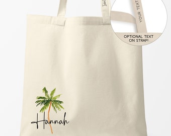 Palm Tree Tote Bags with Name, Personalized Beach Bags for Tropical Bachelorette Party, Canvas Tote Handle Bag with Watercolor Palm Tree