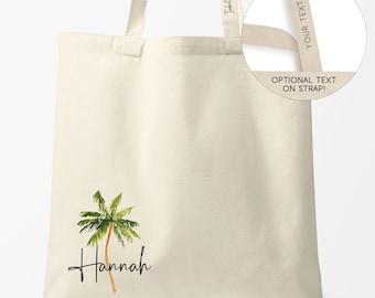 Palm Tree Tote Bags with Name, Personalized Beach Bags for Tropical Bachelorette Party, Canvas Tote Handle Bag with Watercolor Palm Tree