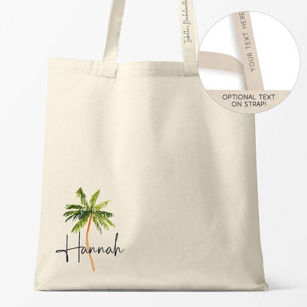 Palm Tree Tote Bags with Name, Personalized Beach Bags for Tropical Bachelorette Party, Canvas Tote Handle Bag with Watercolor Palm Tree