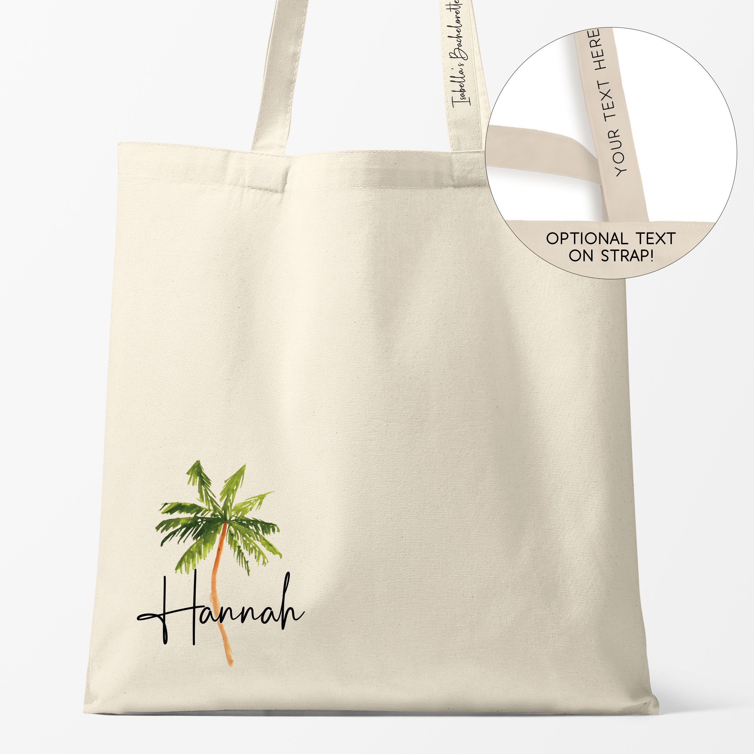 Palm Tree Tote Bags with Name, Personalized Beach Bags for Tropical Bachelorette Party, Canvas Tote Handle Bag with Watercolor Palm Tree